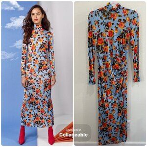 Zara RARE Floral Maxi Dress Ruched Feminine Bright Contemporary Stretch